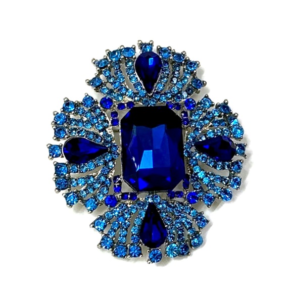 Jewelry - Blue Rhinestone Cross/Flower Brooch